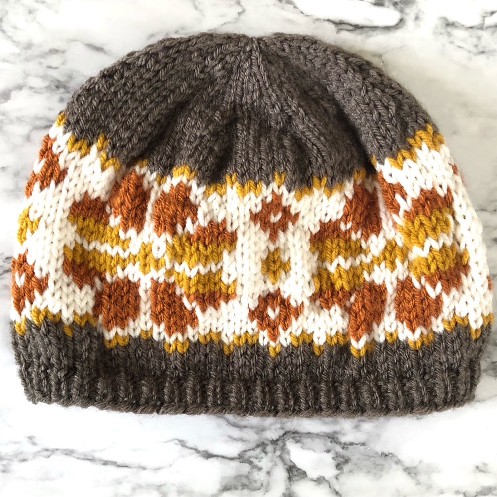 Fair Isle knit beanie in fall spice / taupe